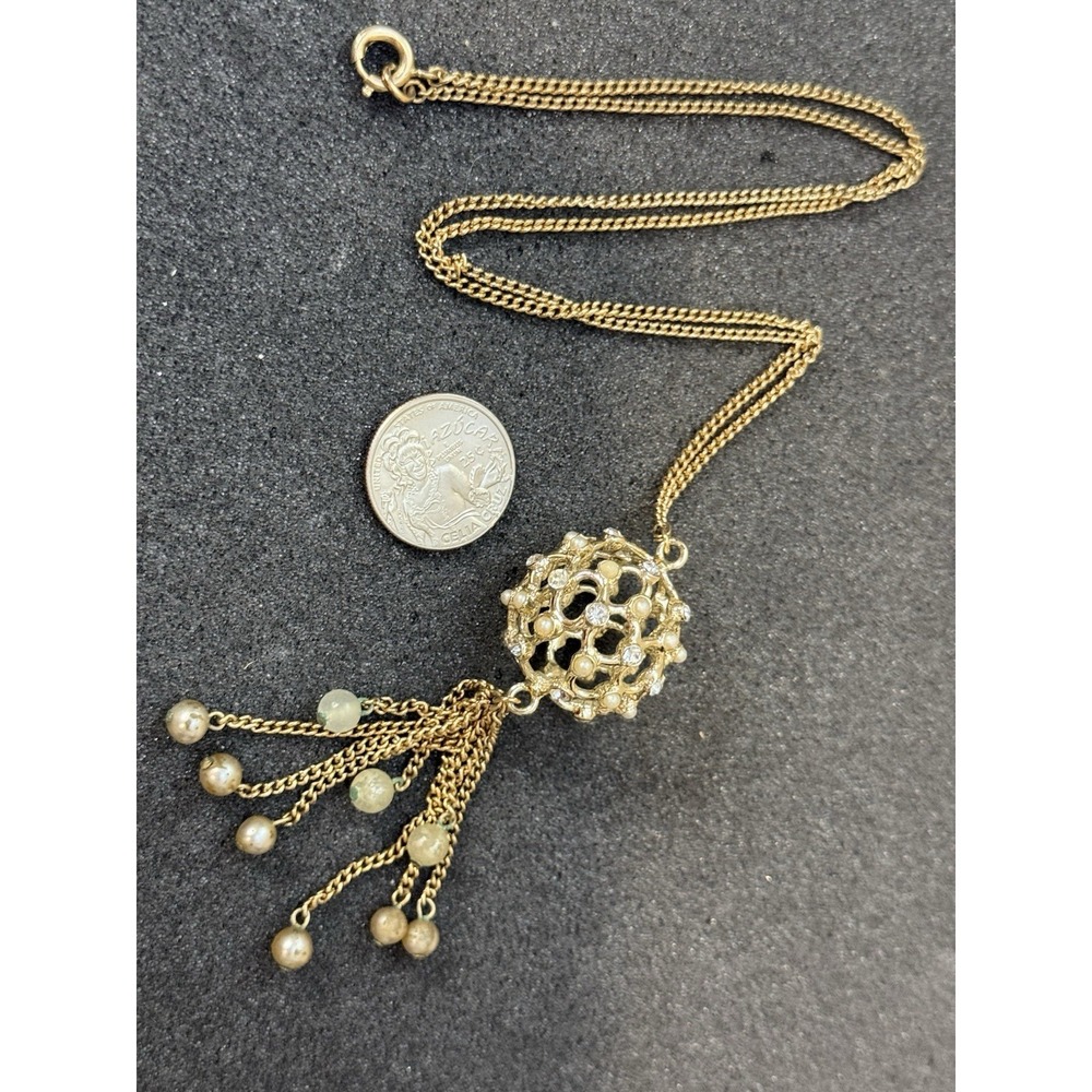 Vintage Germany Gold Tone Filigree Caged Ball Globe Tassel Pendant‎ MCM Necklace